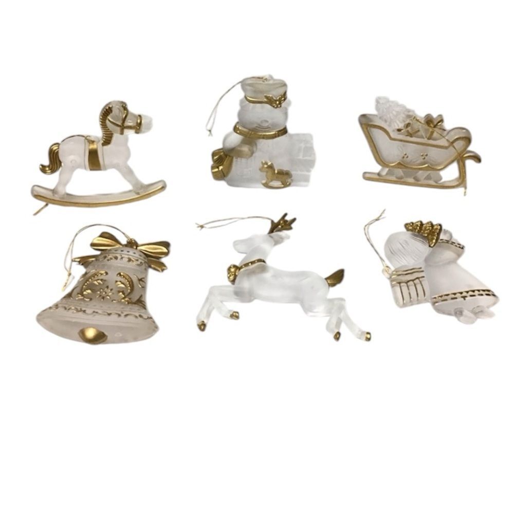 Frosted Acrylic Christmas Tree Ornaments 6 Piece Set Vintage With Gold Detail